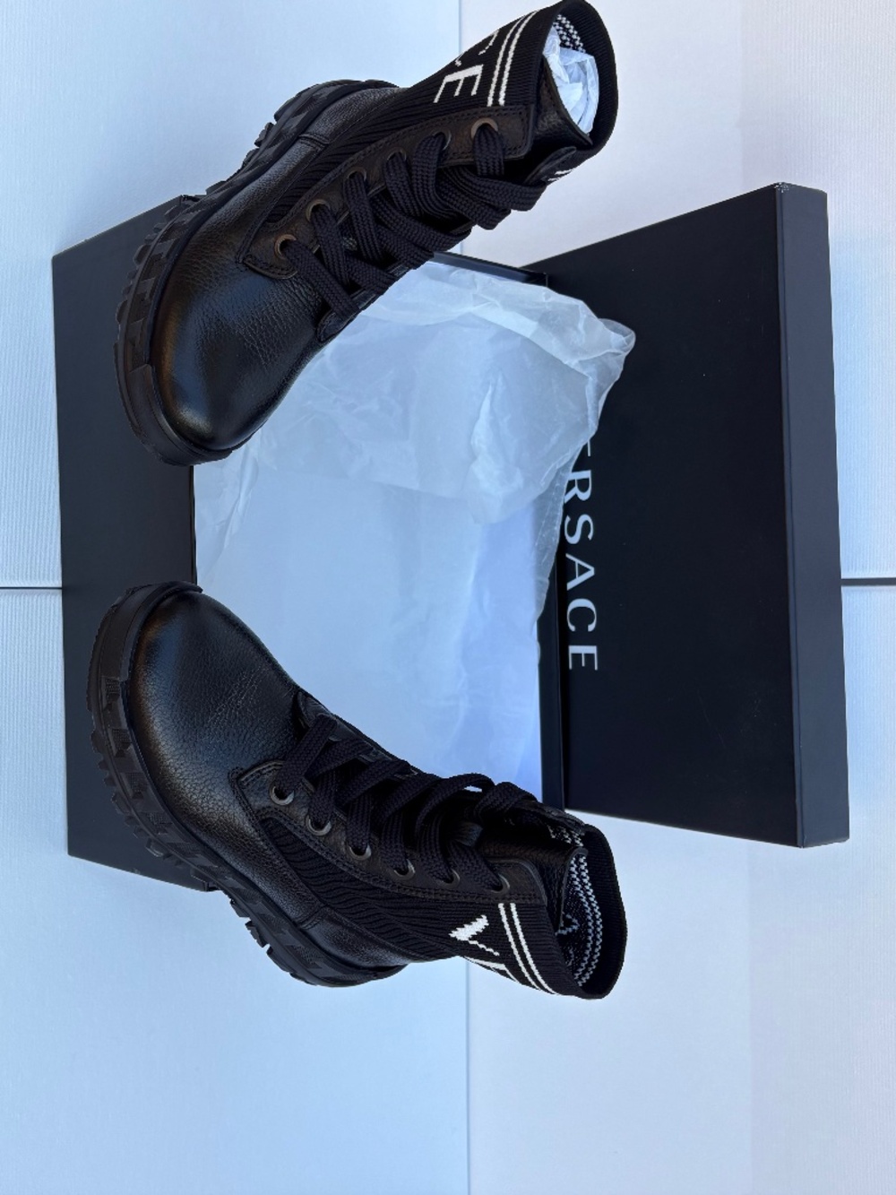 Versace Kids Black Logo Combat Boots EU 28 Never Worn w/ Box